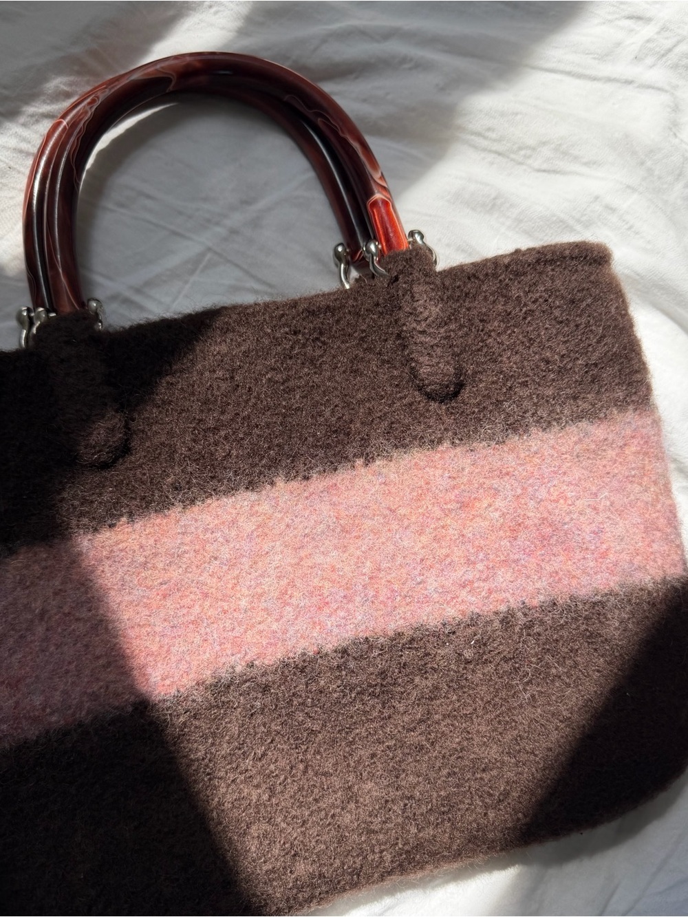 Artisanal Merino Wool Bag | Rare One Piece Marbled Amber Handles